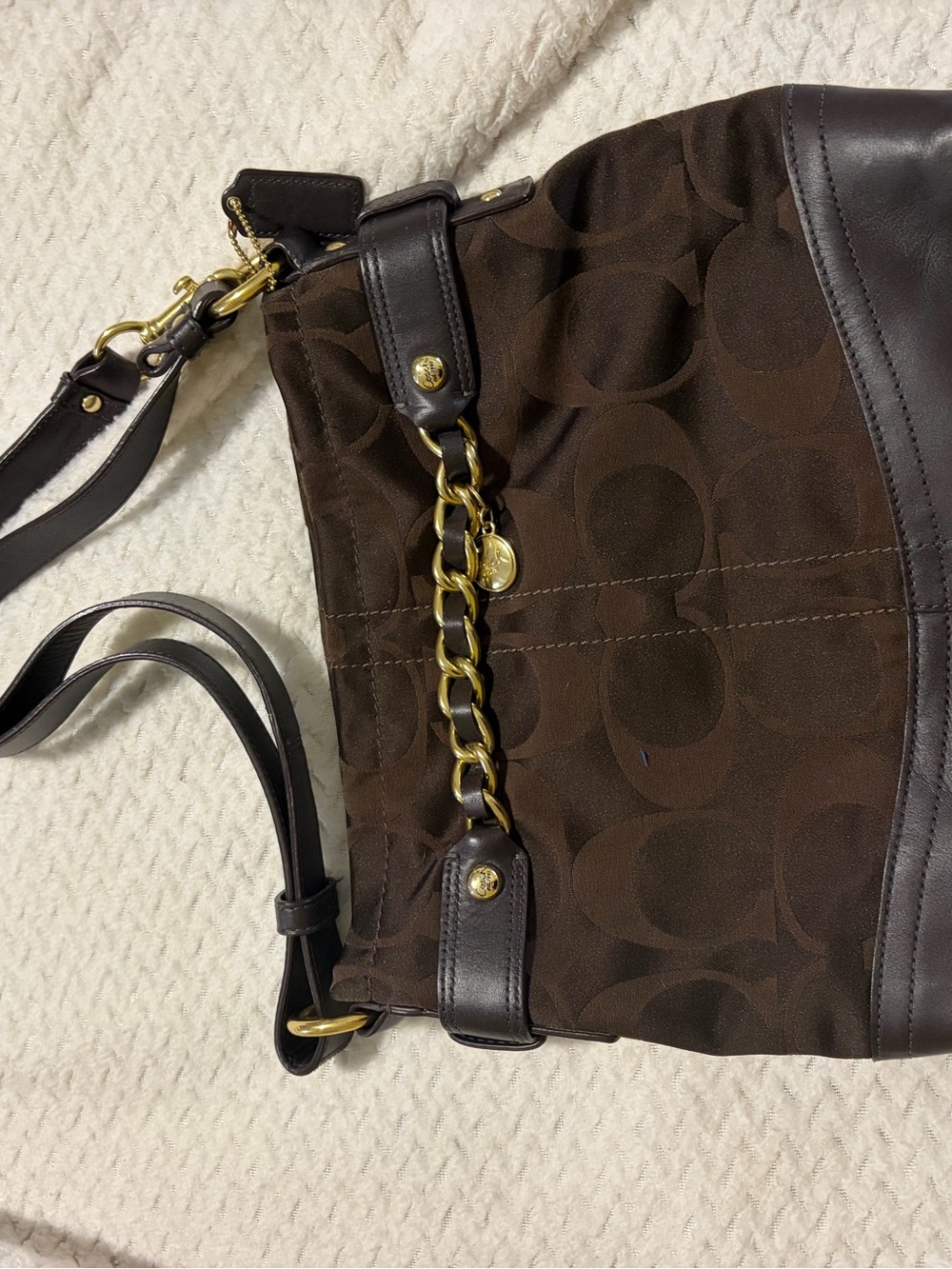 Coach Dark Brown Signature Canvas Shoulder Bag with Gold Hardware